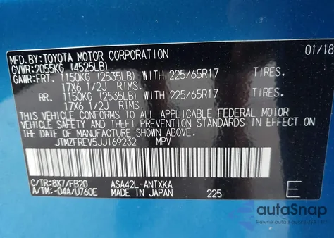 2018 Toyota Rav4 Le из США, поврежденный, VIN JTMZFREV5JJ169232